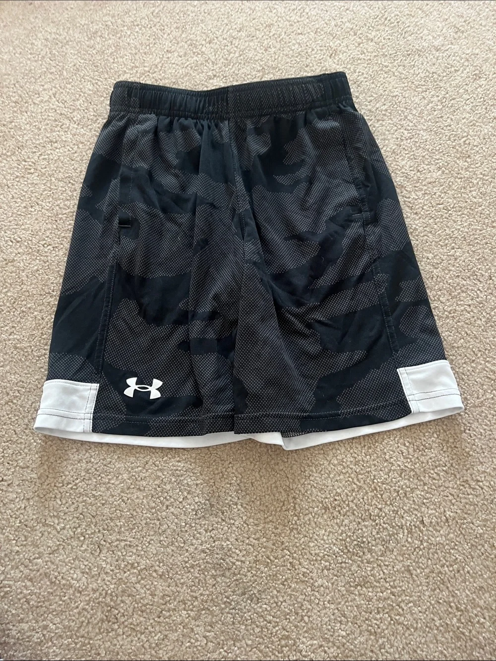 Under Armour Men’s Black Camo Athletic Shorts with White Trim